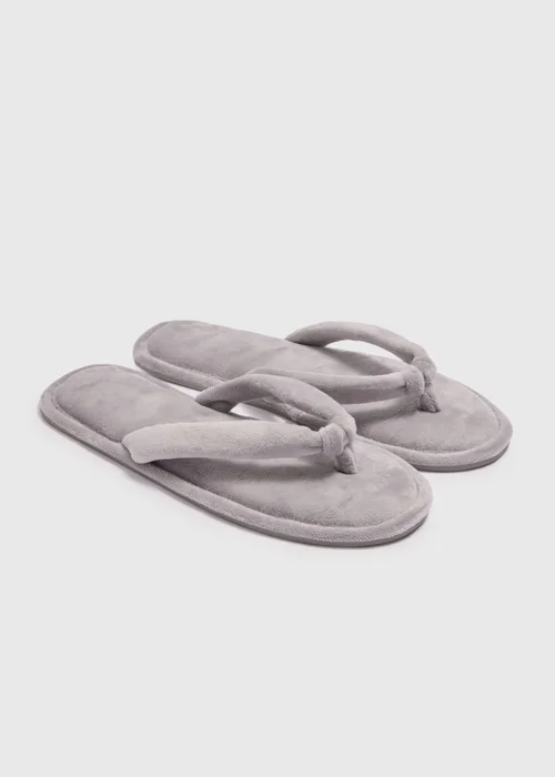 Grey Velour Flip Flop Slippers - Small Image 1