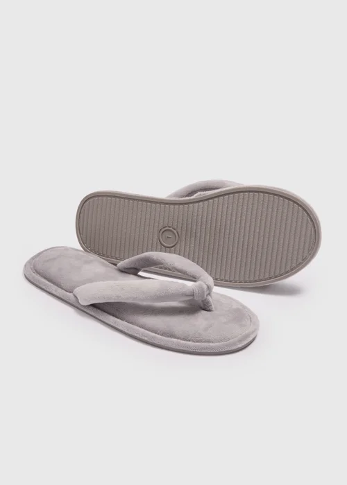 Grey Velour Flip Flop Slippers - Small Image 2