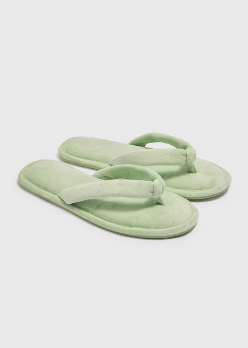 Green Velour Flip Flop Slippers - Small Image 1