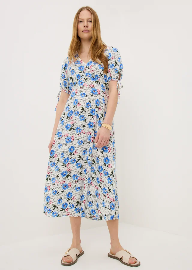 Blue Large Floral Midi Tea Dress