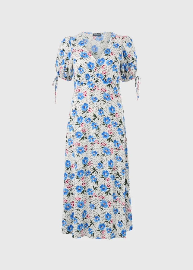Blue Large Floral Midi Tea Dress