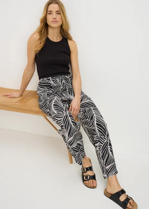 Black Leaf Print Airflow Tapered Co Ord Trousers - 14 Image 1