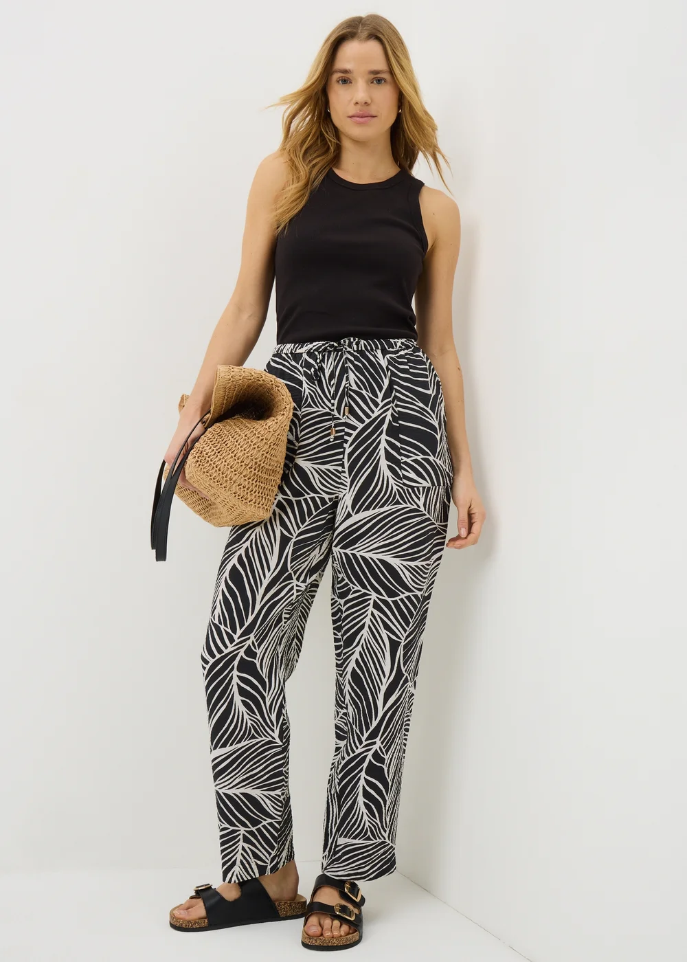 Black Leaf Print Airflow Tapered Co Ord Trousers - 14 Image 3