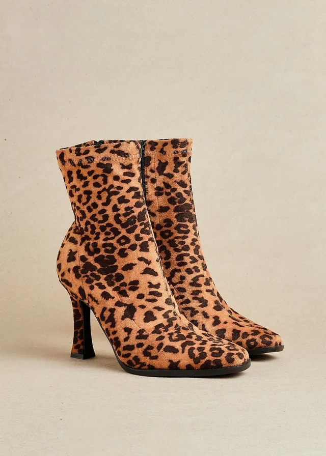 Linzi Noelle Leopard Print Square Toe Heeled Sock Boot