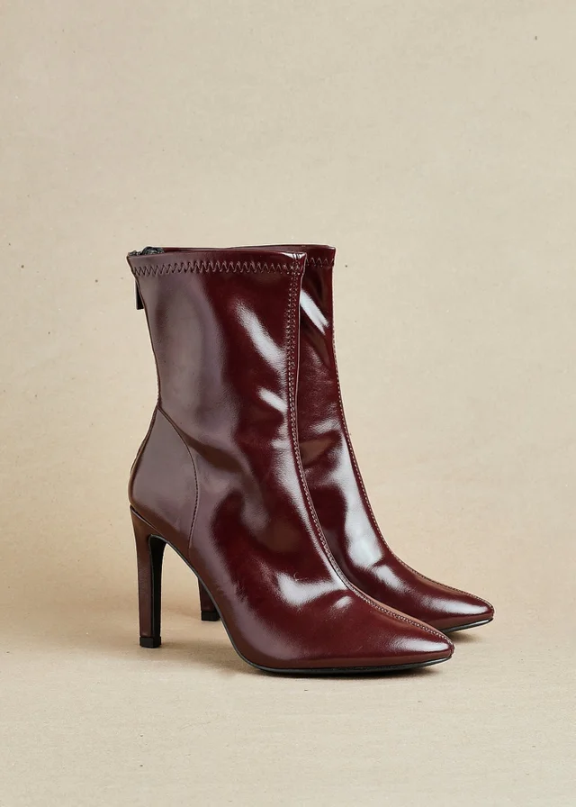 Linzi West Burgundy Faux Leather Pointed Stretch Heeled Ankle Boot