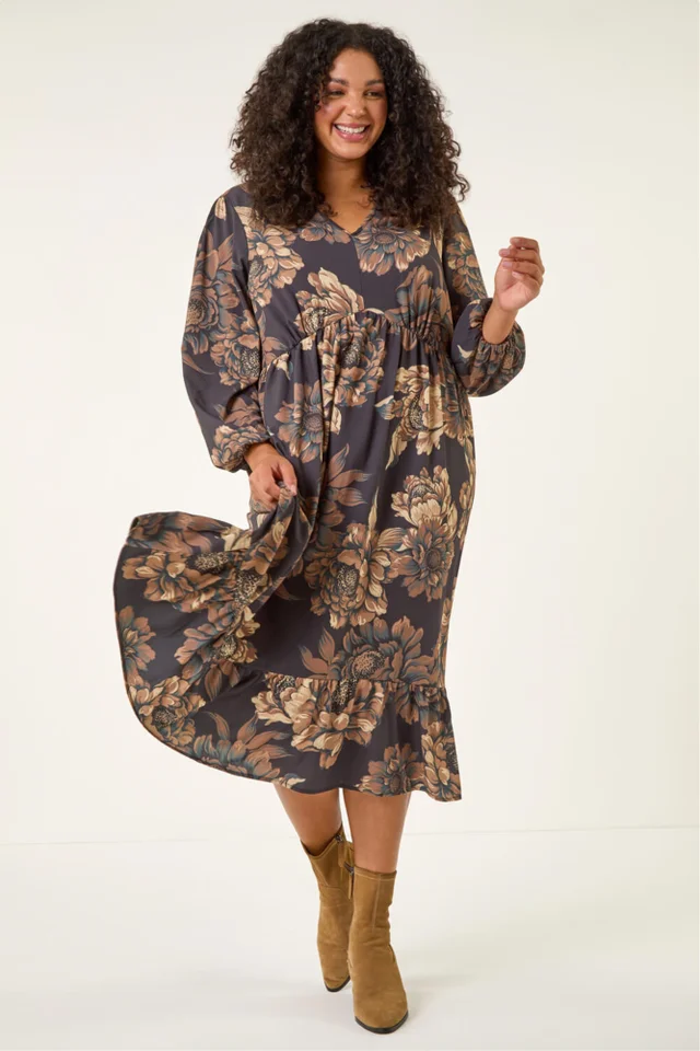 Roman Brown Curve Floral Print Midi Dress