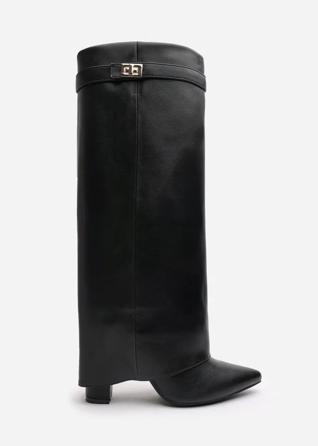 Where's That From Keira Black PU Fold Over Shark Heel Boots
