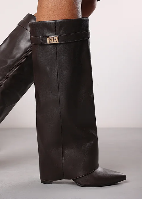 Where's That From Keira Brown PU Fold Over Shark Heel Boots - Size 3 Image 4