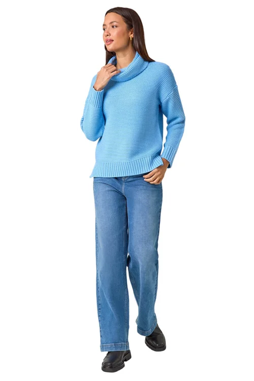 Roman Sky Blue Textured Cowl Neck Jumper - Size 12 Image 2