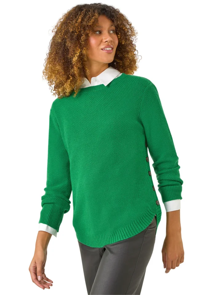 Roman Green Textured Curved Hem Jumper