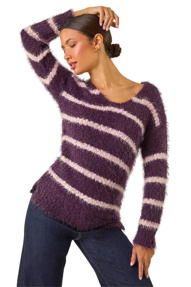 Roman Plum Stripe Fluffy Knit Jumper