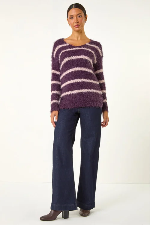 Roman Plum Stripe Fluffy Knit Jumper - Size 18 Clothing Image 2