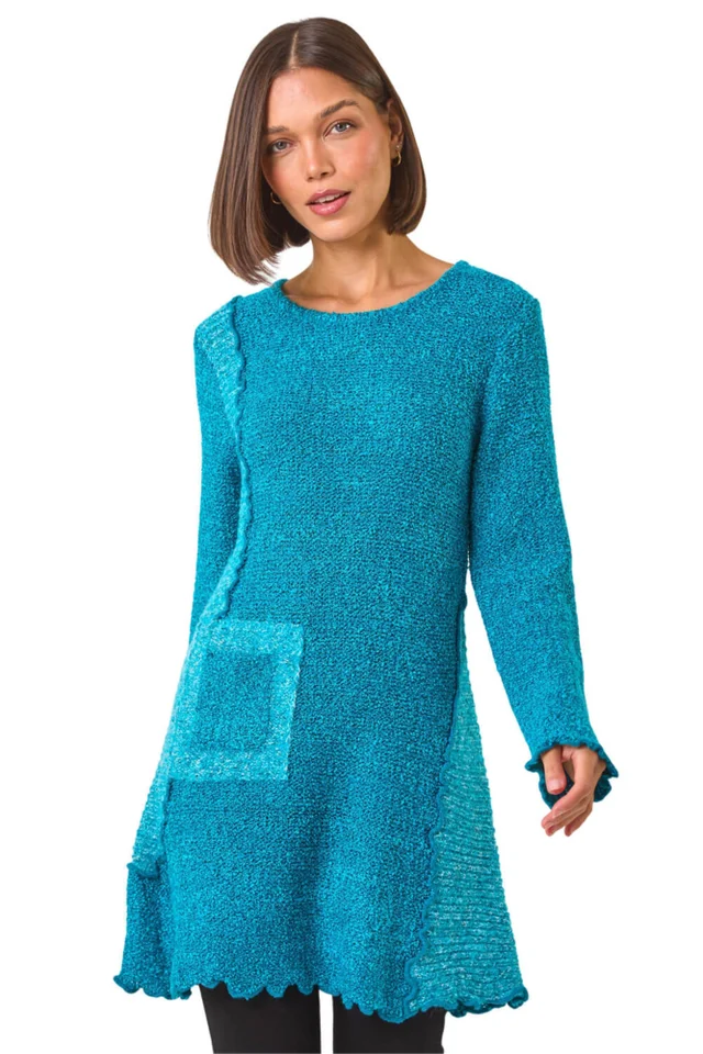 Roman Teal Textured Pocket Detail Longline Jumper