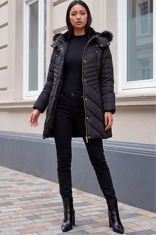 Roman Black Petite Hooded Longline Quilted Coat - 12 Image 2