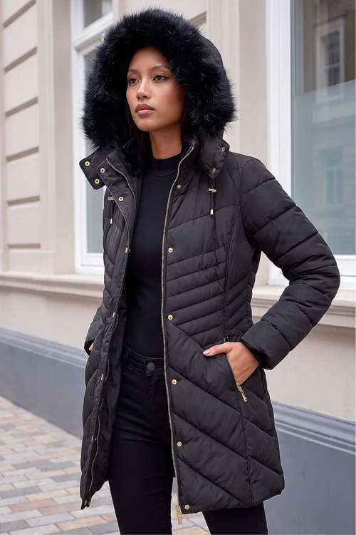 Roman Black Petite Hooded Longline Quilted Coat - 12 Image 1
