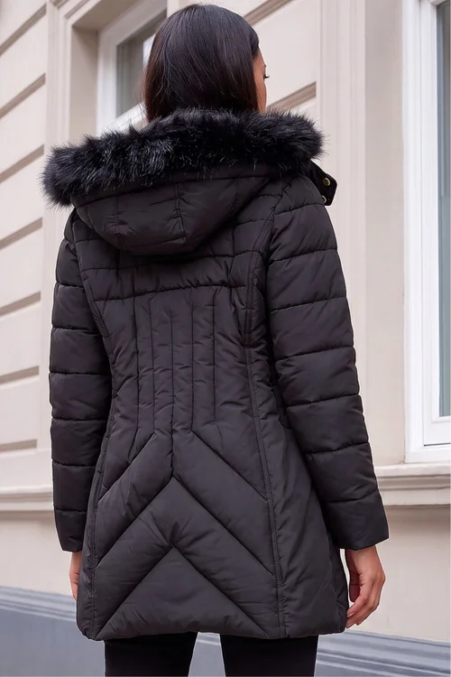Roman Black Petite Hooded Longline Quilted Coat - 12 Image 3