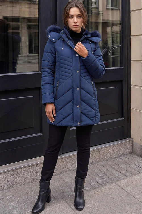 Roman Navy Petite Hooded Longline Quilted Coat - 14 Image 2