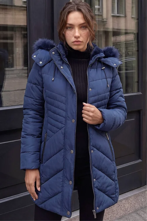 Roman Navy Petite Hooded Longline Quilted Coat - 14 Image 1