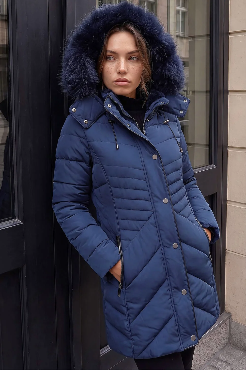 Roman Navy Petite Hooded Longline Quilted Coat - 14 Image 3