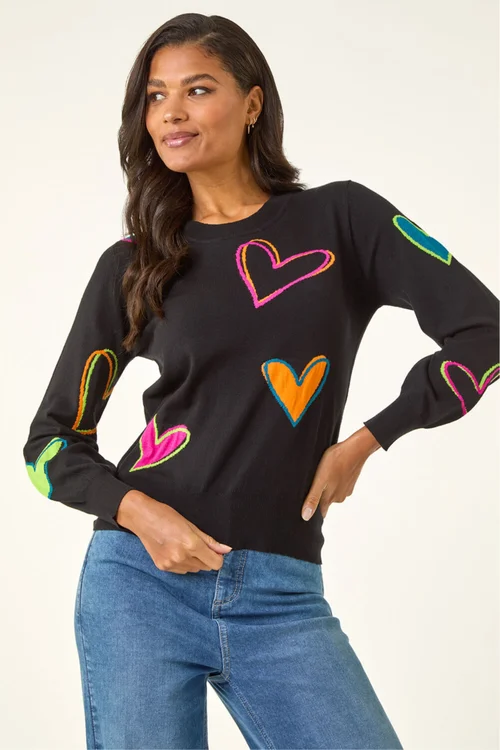 Roman Black Heart Print Knitted Jumper - Size 16 Image 4