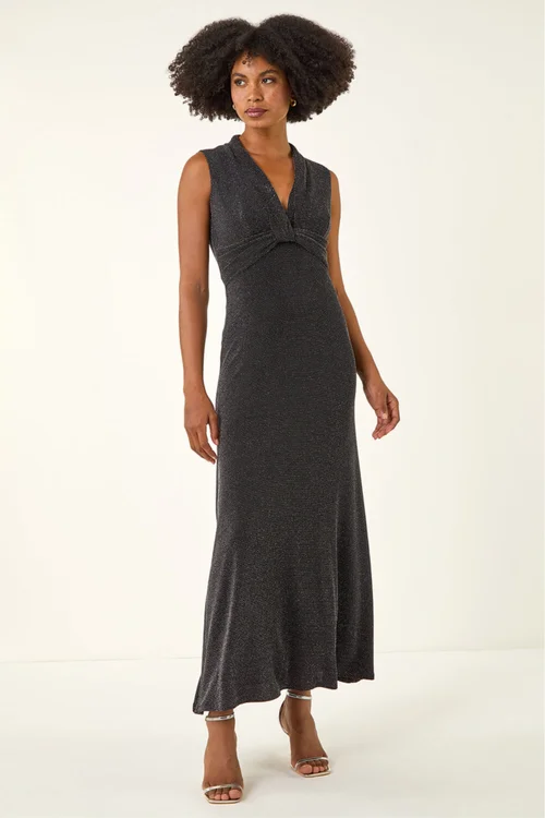 Roman Silver Shimmer Twist Detail Stretch Maxi Dress - 16 Image 3