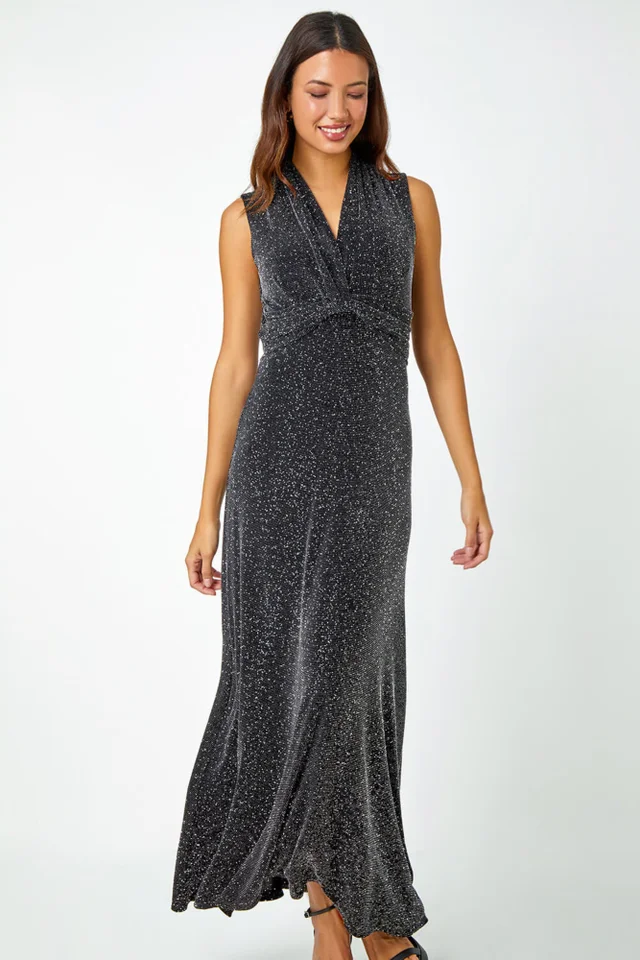 Roman Silver Shimmer Twist Detail Stretch Maxi Dress