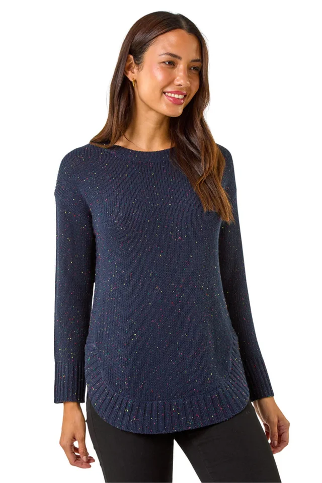 Roman Midnight Blue Nep Fabric Curved Hem Jumper