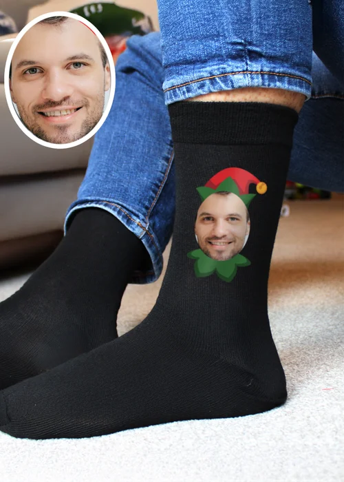 Personalised Memento Company Black Photo Upload Elf Christmas Socks - One Size Image 1