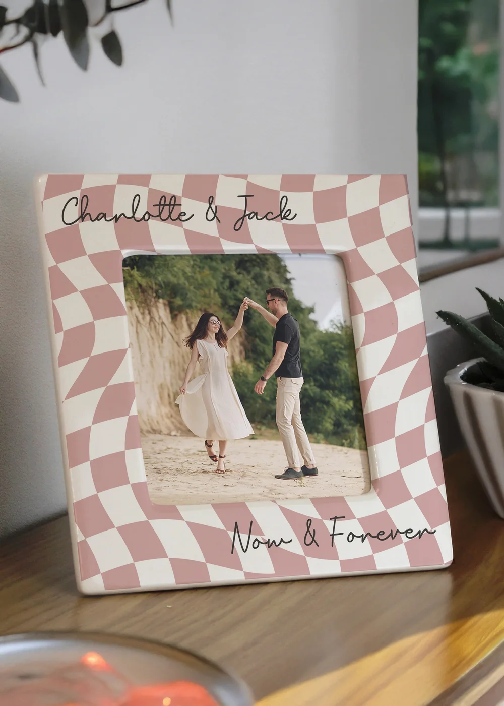 Personalised Memento Company White Pink Checkerboard Ceramic 4x4 Frame - One Size Image 2