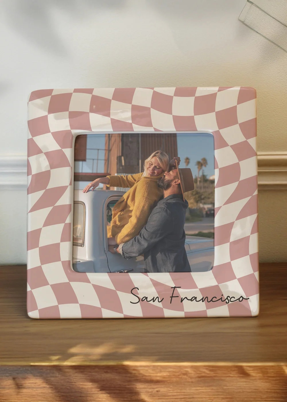 Personalised Memento Company White Pink Checkerboard Ceramic 4x4 Frame - One Size Image 1