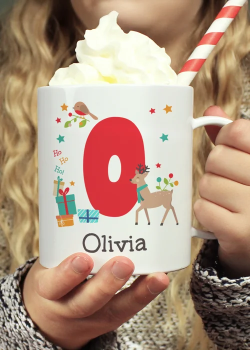 Personalised Memento Company White Initial Reindeer Christmas Plastic Mug - One Size Image 1