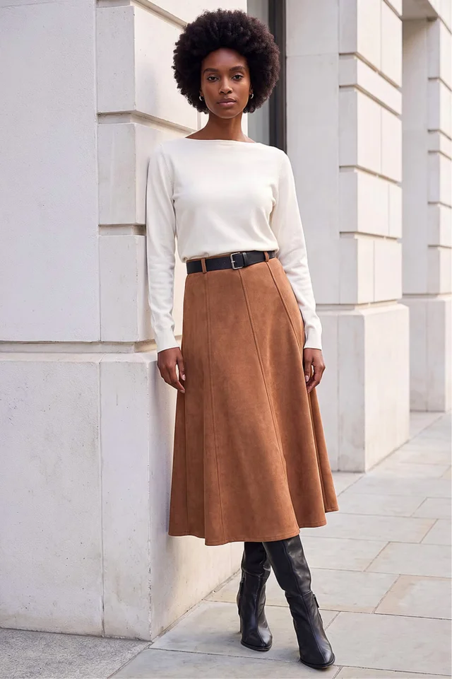 Roman Rust Belted Faux Suede Midi Skirt