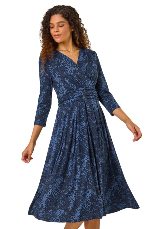 Roman Blue Animal Print Mock Wrap Midi Dress