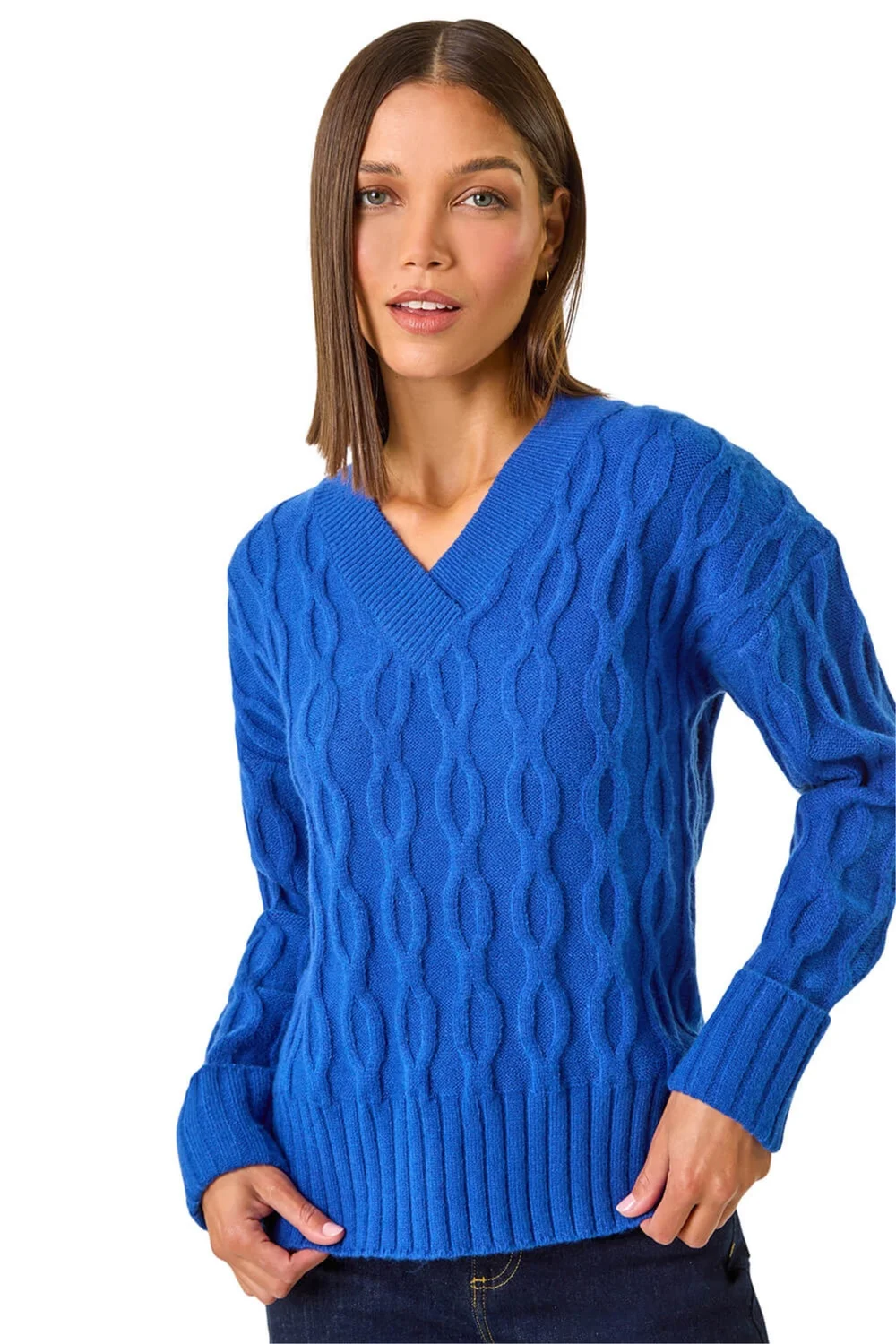 Roman Royal Blue V-Neck Cable Knit Jumper - Size 18 Clothing Image 1