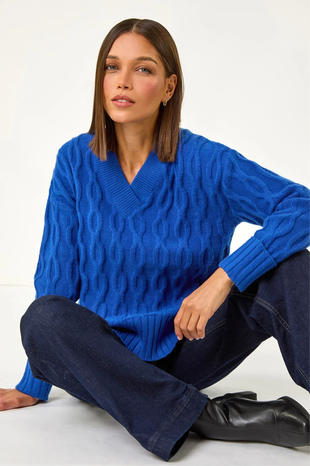 Roman Royal Blue V-Neck Cable Knit Jumper - Size 18 Clothing Image 2