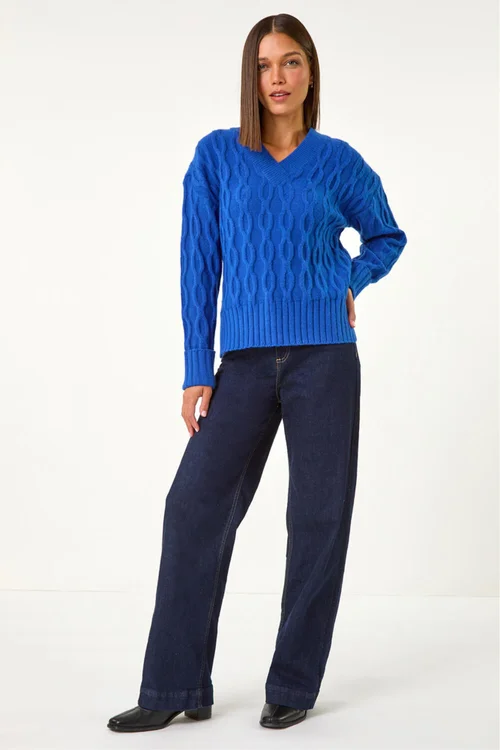 Roman Royal Blue V-Neck Cable Knit Jumper - Size 18 Clothing Image 3