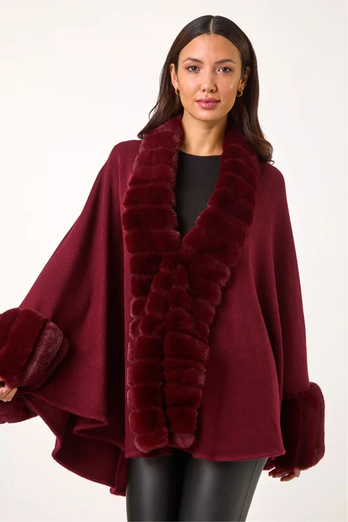 Roman Wine Faux Fur Trim Knitted Poncho - One Size Image 2
