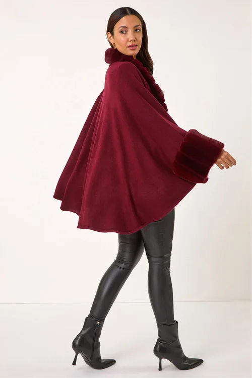 Roman Wine Faux Fur Trim Knitted Poncho - One Size Image 1