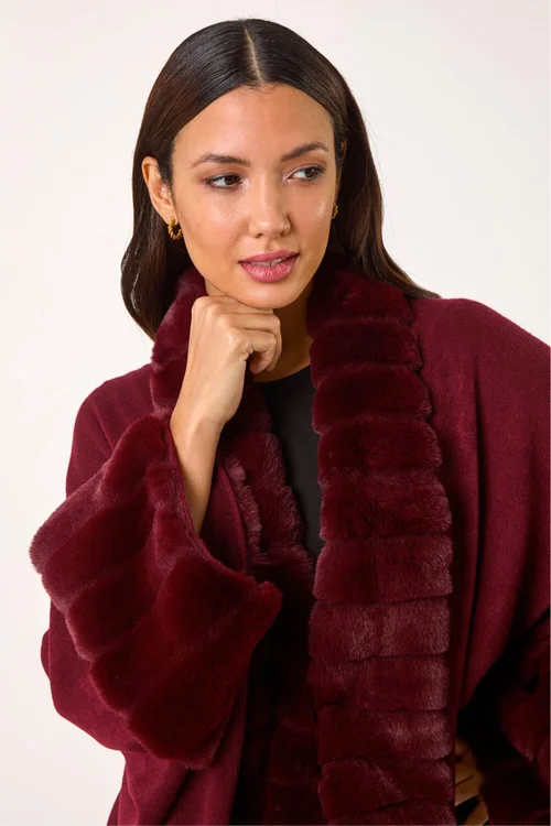 Roman Wine Faux Fur Trim Knitted Poncho - One Size Image 4