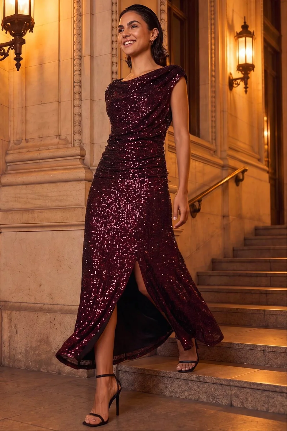 Roman Magenta Sequin Cowl Neck Maxi Stretch Dress - 10 Image 2