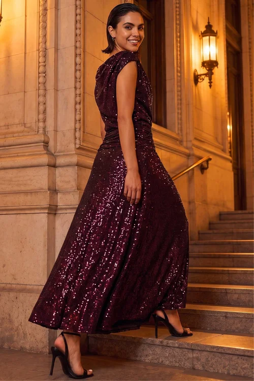 Roman Magenta Sequin Cowl Neck Maxi Stretch Dress - 10 Image 3