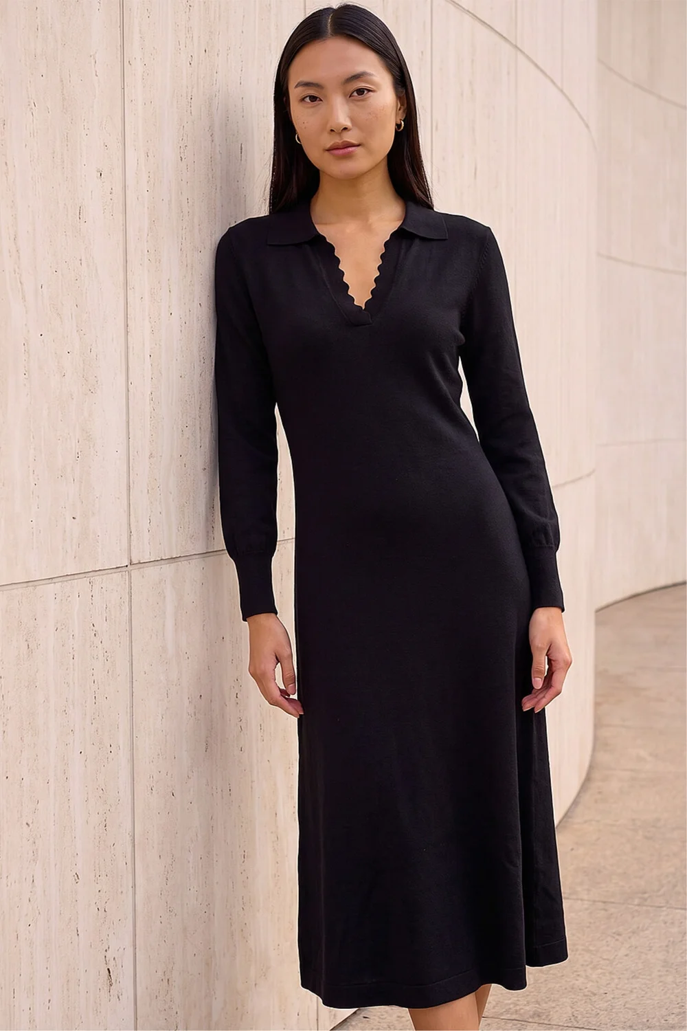 Roman Black Scallop Detail Knitted Midi Dress - 12 Image 2