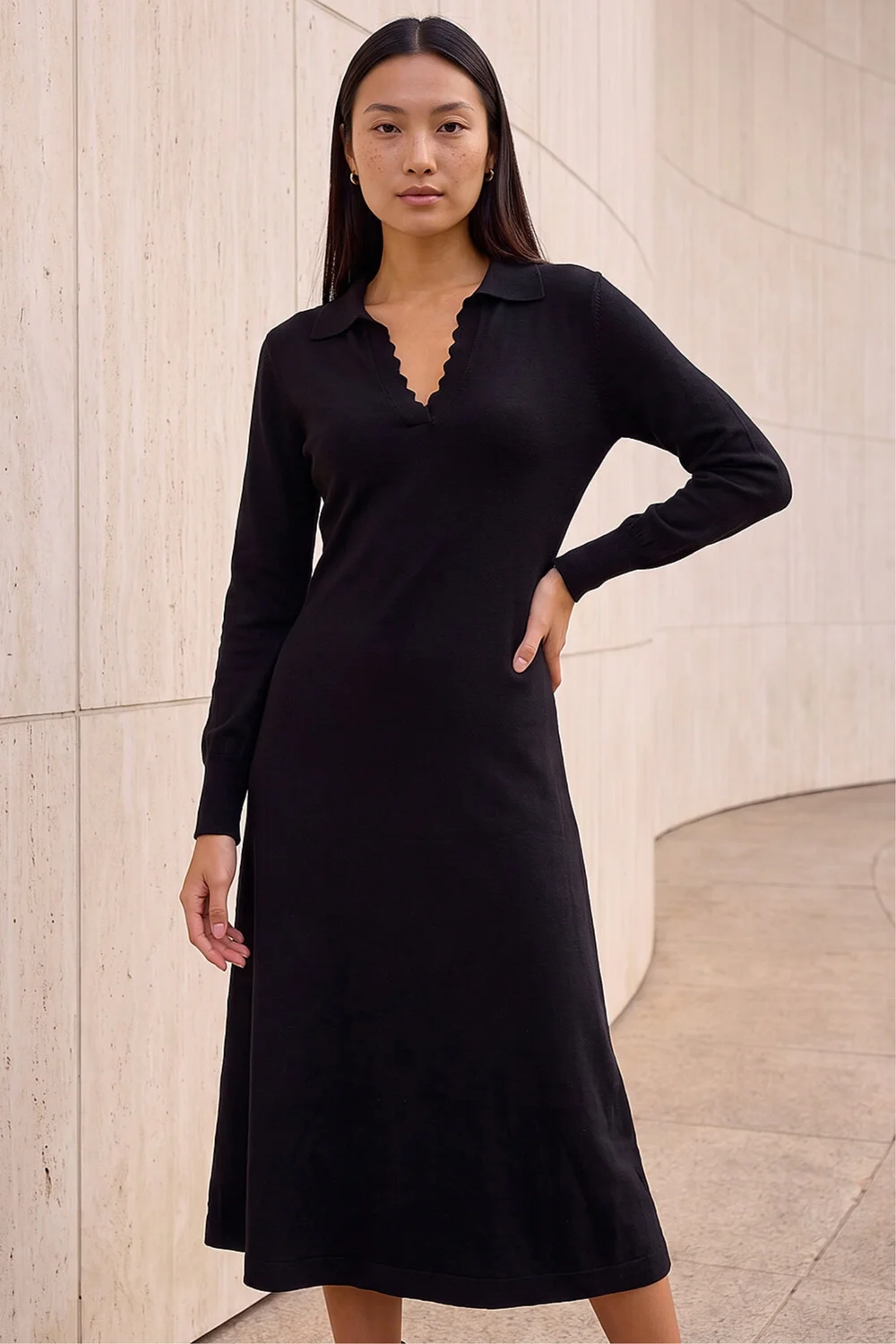 Roman Black Scallop Detail Knitted Midi Dress - 12 Image 1