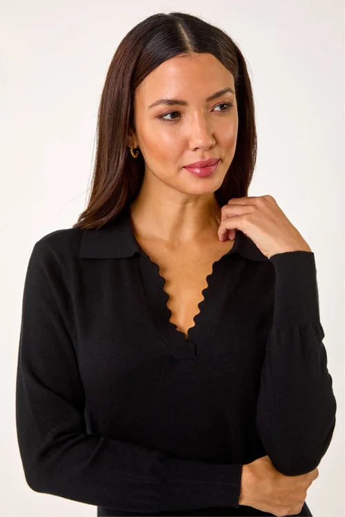 Roman Black Scallop Detail Knitted Midi Dress - Size 16 Clothing Image 4