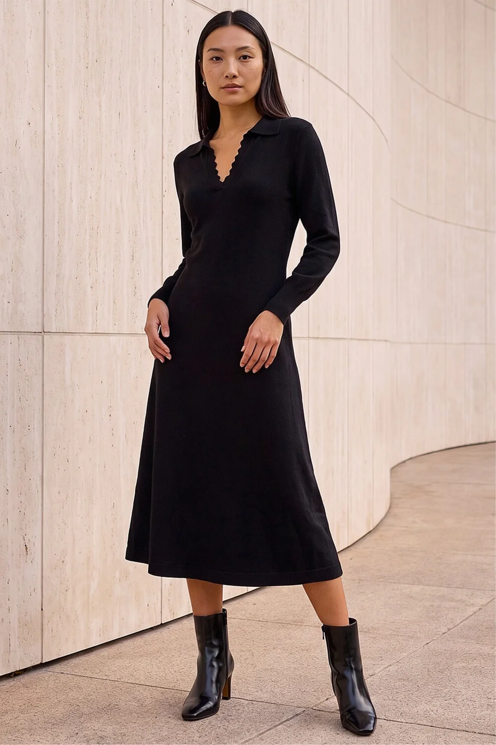 Roman Black Scallop Detail Knitted Midi Dress - 12 Image 3