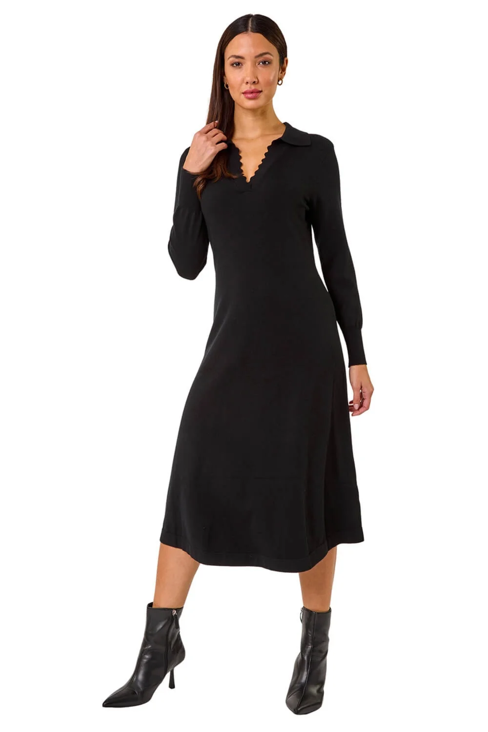 Roman Black Scallop Detail Knitted Midi Dress - Size 16 Clothing Image 2