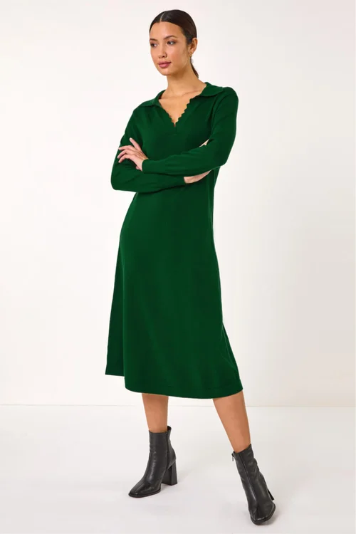 Roman Dark Green Scallop Detail Knitted Midi Dress - Size 10 Image 2