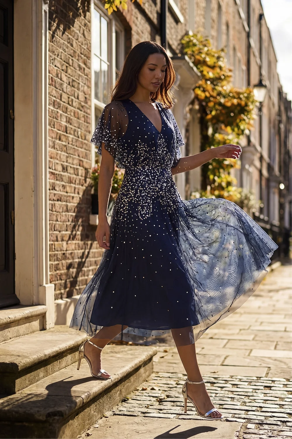 Roman Navy Embellished Angel Sleeve Midi Dress - 14 Image 1