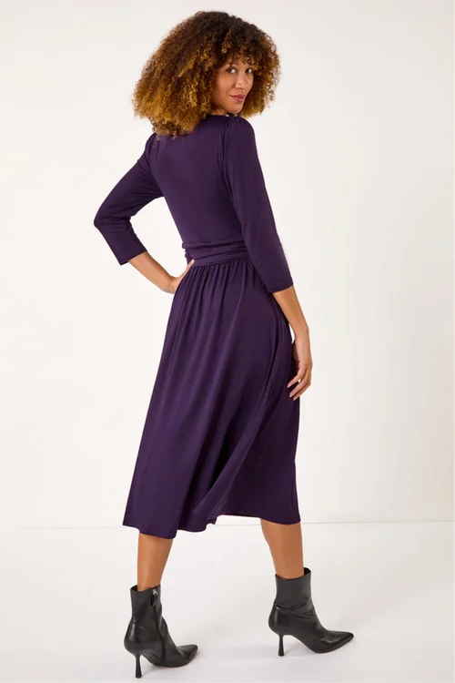 Roman Purple Mock Wrap V-Neck Stretch Midi Dress - 20 Image 3