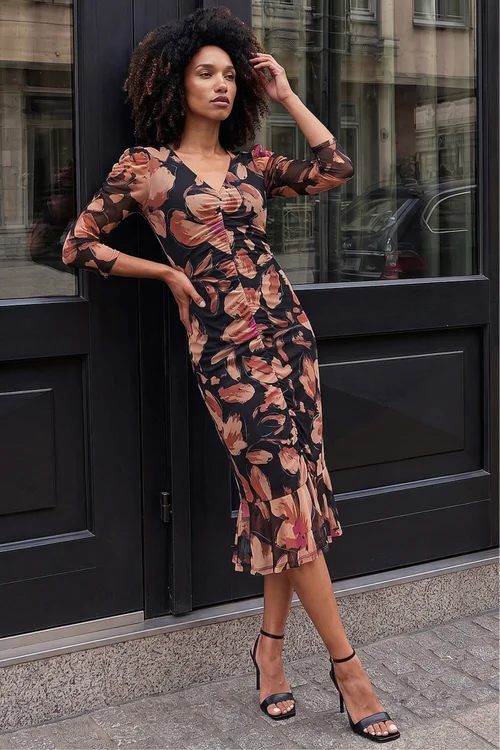 Roman Beige Ruched Floral Frill Dress - 16 Image 1